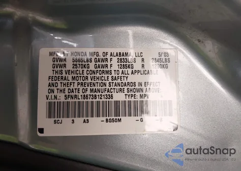 2003 Honda Odyssey Ex z USA, uszkodzony, nr VIN 5FNRL18673B121336
